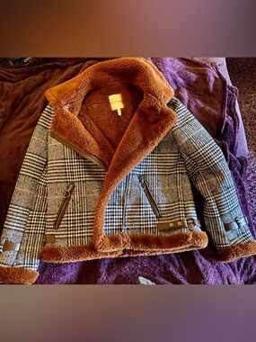 AVEC LES FILLES Designer Jacket Women’s Coat Faux Fur Plaid Herringbone Small
